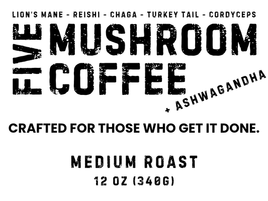 Five Mushroom Coffee packaging with text about ingredients and roast level.