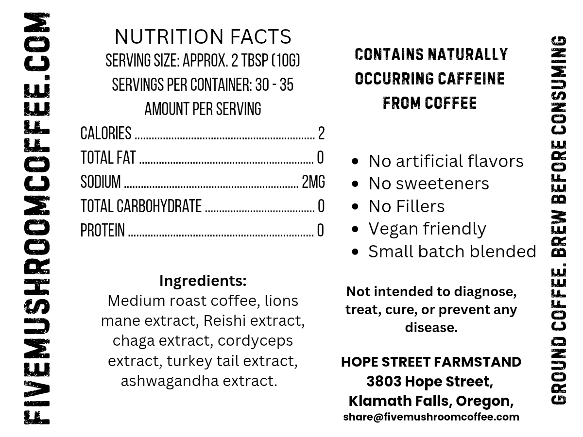 Nutrition facts label for Five Mushroom Coffee with ingredients listed.